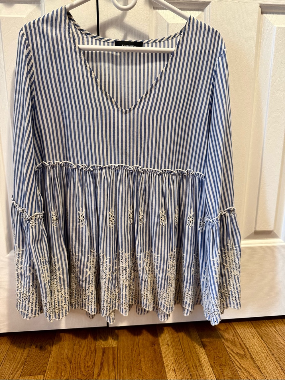 Karen Kane Blue and White Striped Peasant Tunic with Eyelet Hem